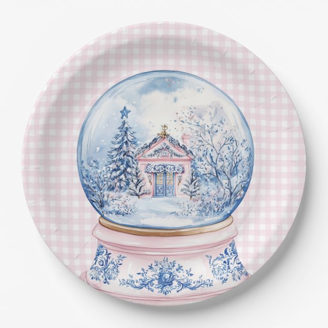 Grandmillennial Pink & Blue Damask Snow Globe Paper Plates (Front)