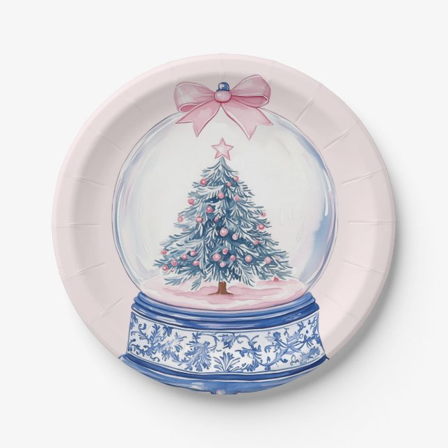Grandmillennial Pink & Blue Damask Snow Globe Paper Plates (Front)
