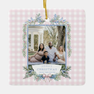 Grandmillennial Pink & Blue Holly Christmas Ceramic Ornament