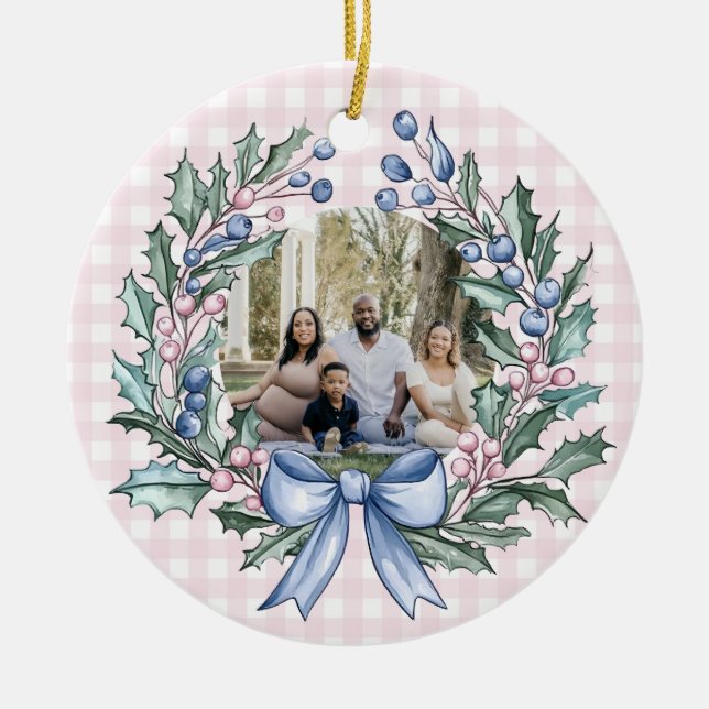 Grandmillennial Pink & Blue Holly Christmas Photo Ceramic Ornament (Front)