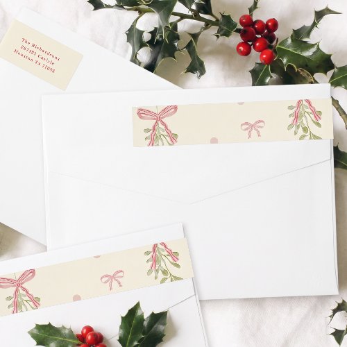 Grandmillennial Pink Bow Mistletoe Christmas Wrap Around Label