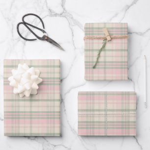 Grandmillennial Pink Green Plaid Pattern Wrapping Paper Sheets