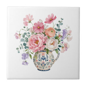 Grandmillennial Pink Peony Cottage Garden Florals Ceramic Tile