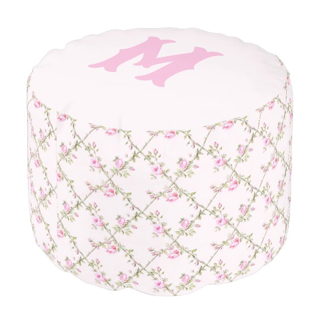 Grandmillennial Pink Rose Trellis w/ Mongram Pouf (Angled Back)