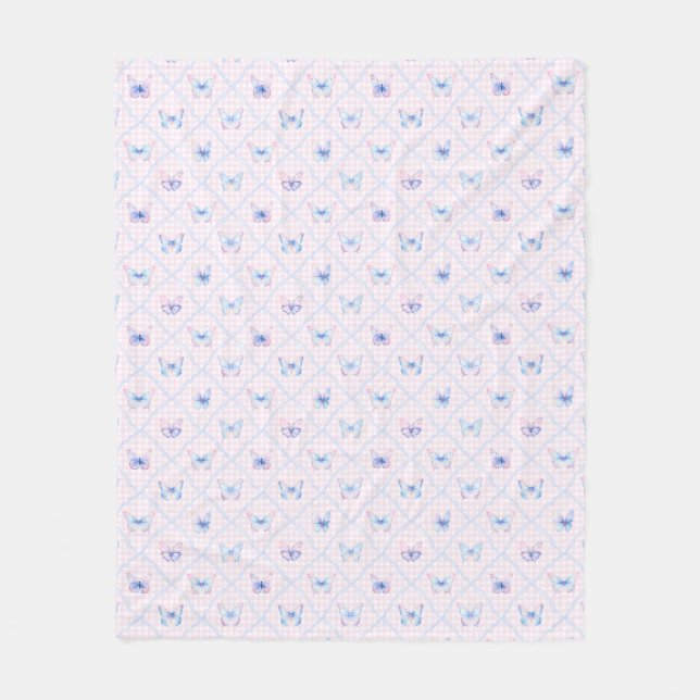 Grandmillennial Preppy Butterflies Trellis Fleece Blanket (Front)