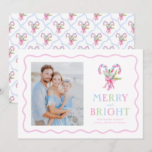Grandmillennial Preppy Candy Canes Wavy Border  Holiday Card (Front/Back)