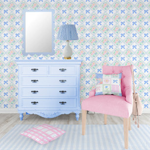Grandmillennial preppy floral blue bows Trellis Wallpaper