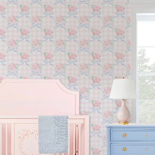 Grandmillennial preppy floral bows pink gingham wallpaper