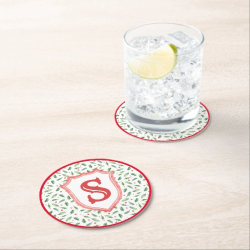 Grandmillennial Preppy Holly Monogram Crest Round Paper Coaster