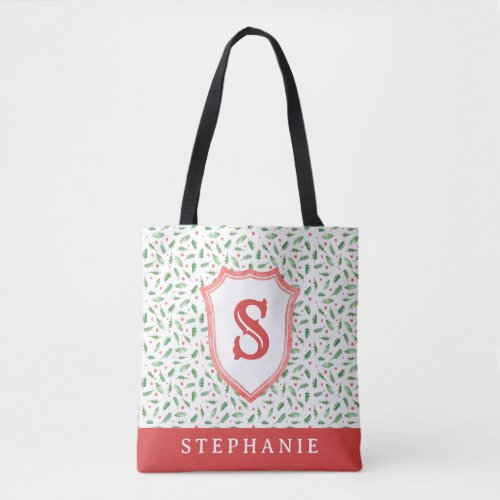 Grandmillennial Preppy Holly Monogram Crest Tote Bag