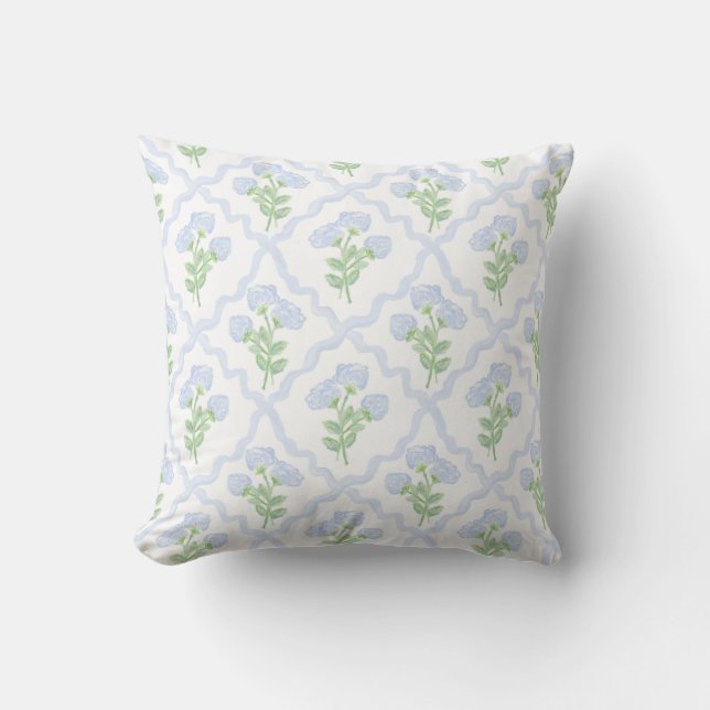 Grandmillennial Preppy Hydrangeas Trellis Throw Pillow (Front)