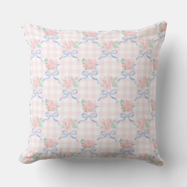 Grandmillennial Ribbon Floral Trellis on Gingham Throw Pillow (Front)