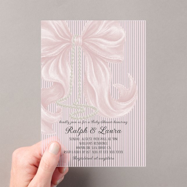 Grandmillennial Striped Bow Girl Baby Shower Acrylic Invitations (Insitu (Handheld))