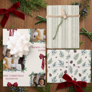 Grandmillennial Ticking Greenery & Photo Christmas Wrapping Paper Sheets