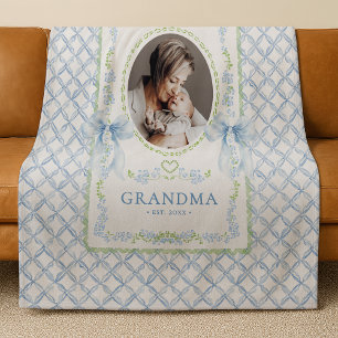 Grandmillennial Watercolor Bows Grandma Photo Fleece Blanket