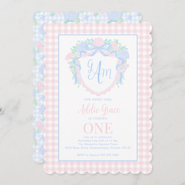 Grandmillennial Watercolor Crest First Birthday Invitation (Front/Back)