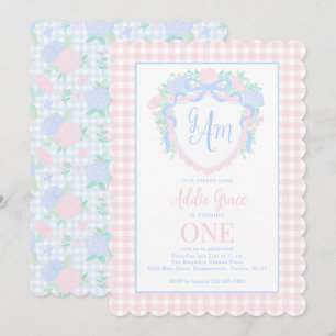Grandmillennial Watercolor Crest First Birthday Invitation
