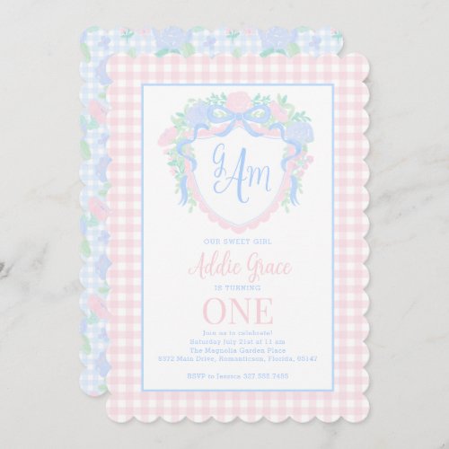 Grandmillennial Watercolor Crest First Birthday Invitation