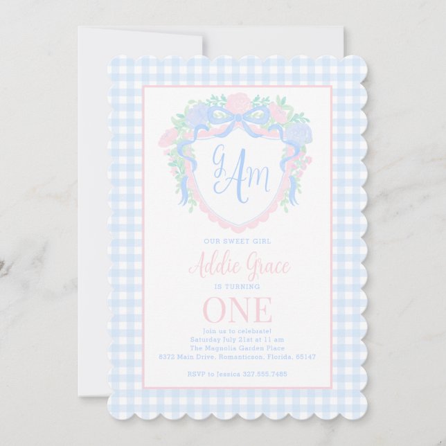 Grandmillennial Watercolor Crest First Birthday Invitation (Front)
