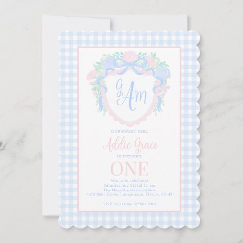 Grandmillennial Watercolor Crest First Birthday Invitation