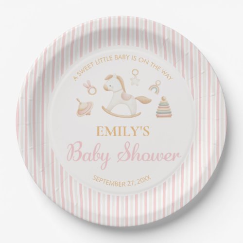 Grandmillennial Watercolor Rocking Horse Baby Girl Paper Plates