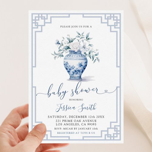 Grandmillennial White Floral Blue Ginger Baby Invitation
