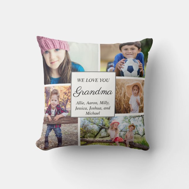 Grandmother 5 Grandchild Family Photo Collage Throw Pillow (Front)