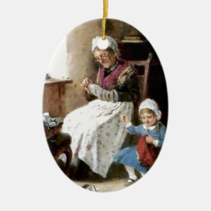 Grandmother and granddaughter sewing ceramic ornament