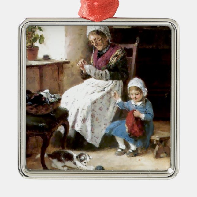 Grandmother and granddaughter sewing metal ornament (Front)