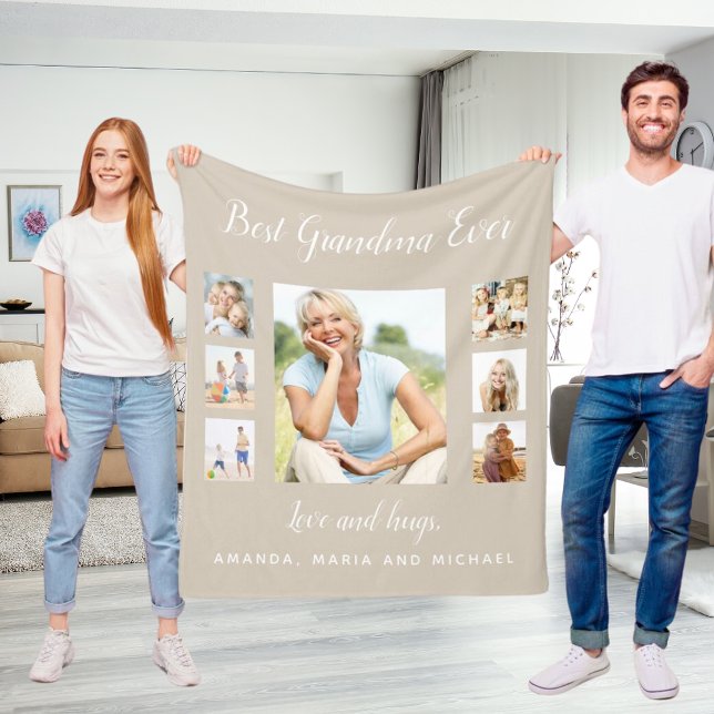 Grandmother beige photo collage grandkids fleece blanket (Creator Uploaded)