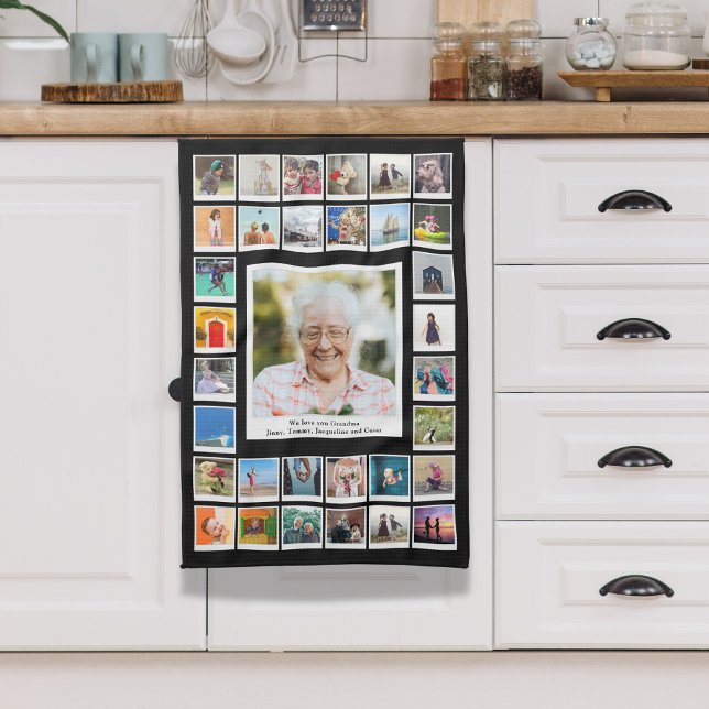 Grandmother Birthday Family Photo Kitchen Towel (Photo collage kitchen towel hanging on a kitchen unit door.)