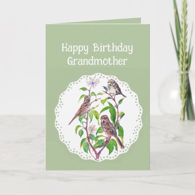 Grandmother Birthday Song Sparrows, Cute Birds Card (Front)