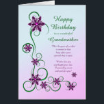 Grandmother Birthday with Scrolls and Flowers<br><div class="desc">An elegant and beautiful birthday card. A perfect card to give to your grandmother. Purple flowers and glittery scrolls make a very special birthday card.</div>