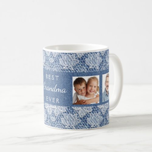 Grandmother blue denim lace photo collage coffee mug