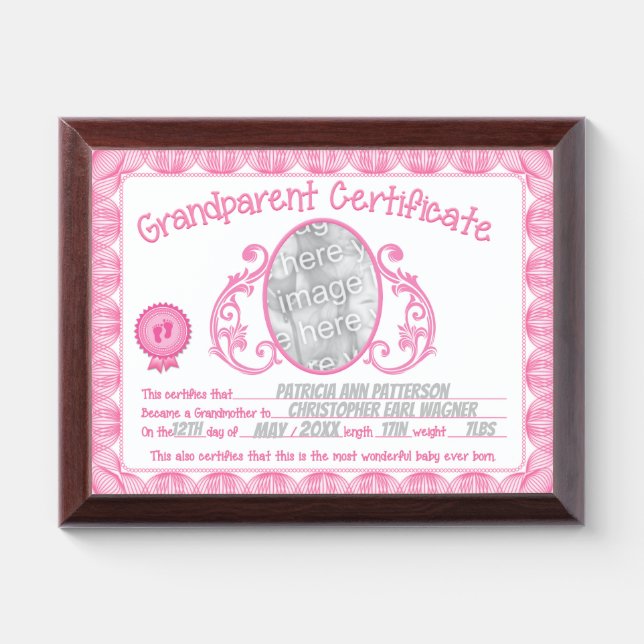 Grandmother certificate add information award plaque (Horizontal)