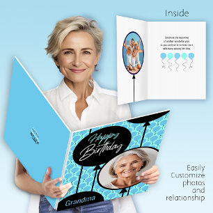Grandmother Custom Photos Name Blue Birthday Card