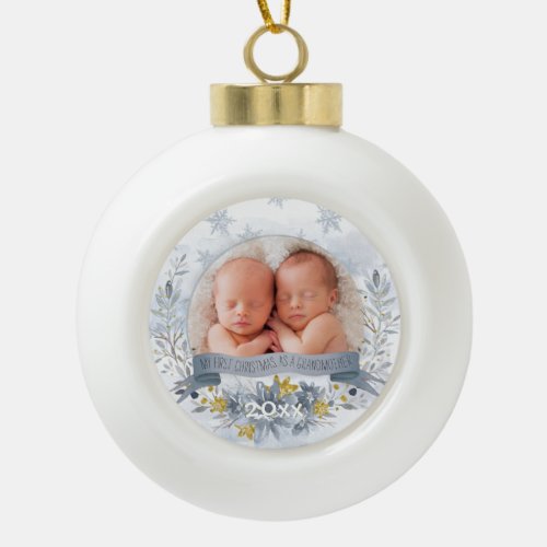 Grandmother First Christmas Blue Gold Floral Photo Ceramic Ball Christmas Ornament