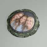 Grandmother foliage wreath photo Christmas black Round Pillow<br><div class="desc">Grandmother modern foliage wreath Merry Christmas script holiday Christmas photo home decor round pillow. Hand painted eucalyptus, minimal foliage and modern rustic rattan wreath along with real foil lettering give this holiday card a luxurious feel. In classy greens, browns and grays. Text can be changer to mom, aunty, uncle, grandfather,...</div>