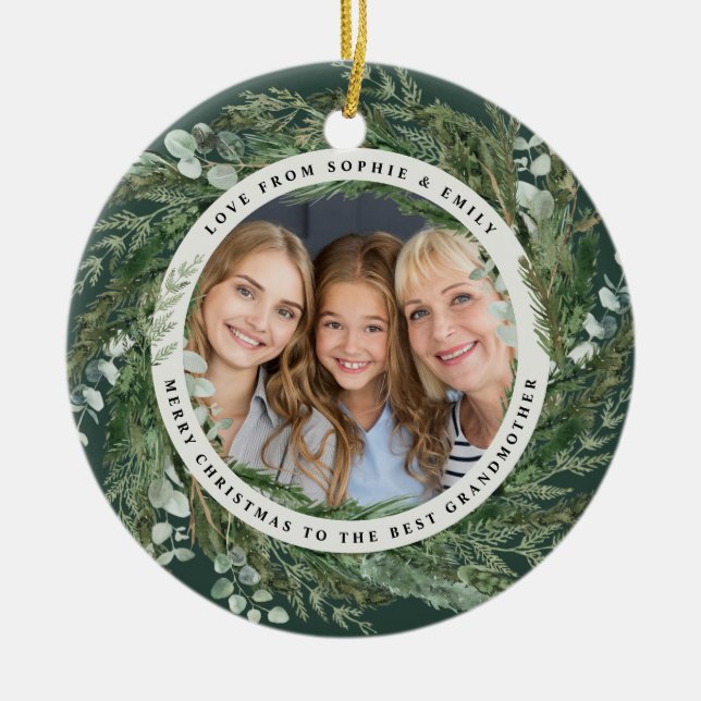 Grandmother foliage wreath photo Christmas elegant Ceramic Ornament (Front)