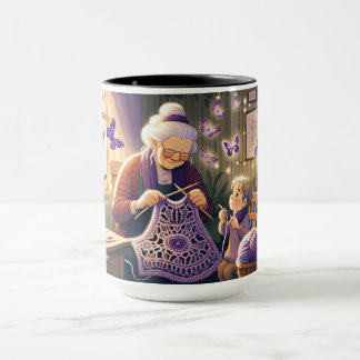 Grandmother knitting. mug