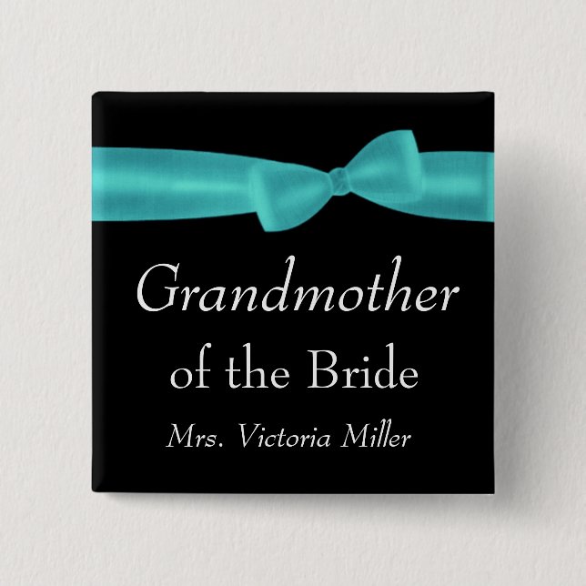 GRANDMOTHER of BRIDE Aqua Bow Wedding Custom Name Pinback Button (Front)
