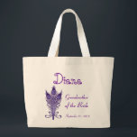 GRANDMOTHER of BRIDE or ANY Wedding Role PEACOCK Large Tote Bag<br><div class="desc">This custom wedding tote bag with its purple peacock feathers and a place to put a name,  wedding role,  and wedding date makes a sweet wedding gift for the woman members of your wedding party.  Personalize with her name and date!</div>