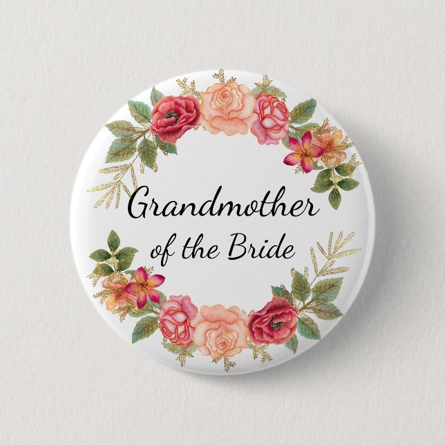 Grandmother of the Bride Pink Red Floral Wreath Button (Front)