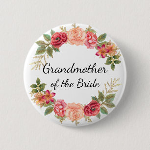 Grandmother of the Bride Pink Red Floral Wreath Button