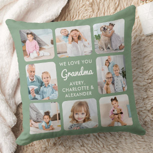 Grandmother Personalized Photo Collage Sage Green Throw Pillow