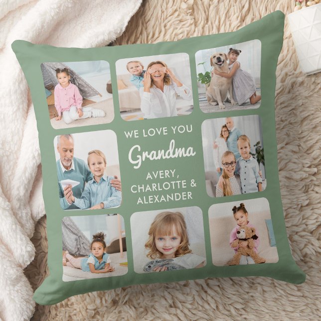 Grandmother  Personalized Photo Collage Sage Green Throw Pillow (Creator Uploaded)