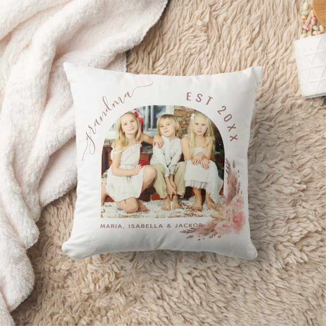 Grandmother photo pampas grass rose gold pink throw pillow (Blanket)