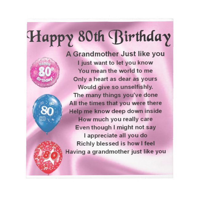 Grandmother poem  -  80th birthday notepad (Front)