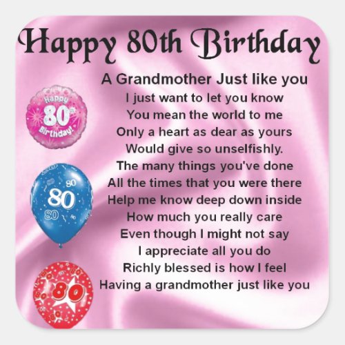 Grandmother poem  _  80th birthday square sticker