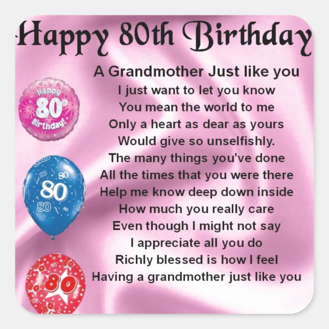 Grandmother poem  -  80th birthday square sticker (Front)